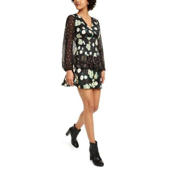 Foxiedox Women's Anemone Black Floral Mixed Print Long Sleeve Mini Dress L smock - Picture 7 of 9
